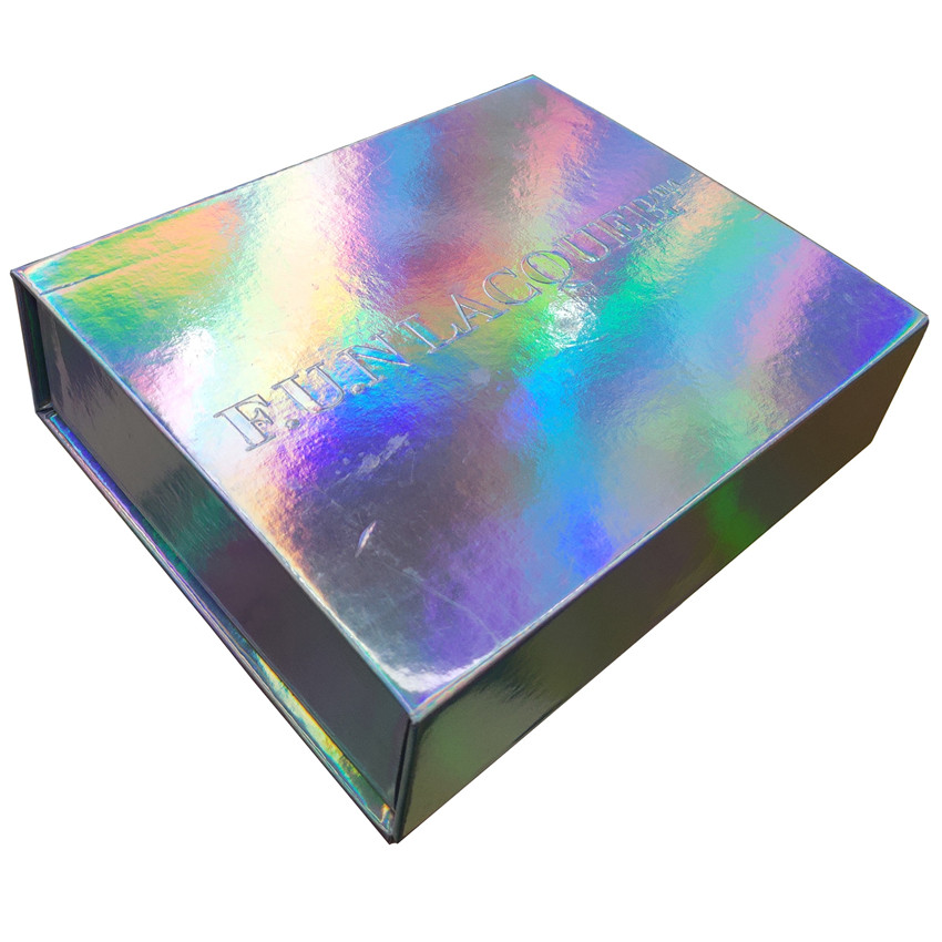 silver holographic box with embossed logo